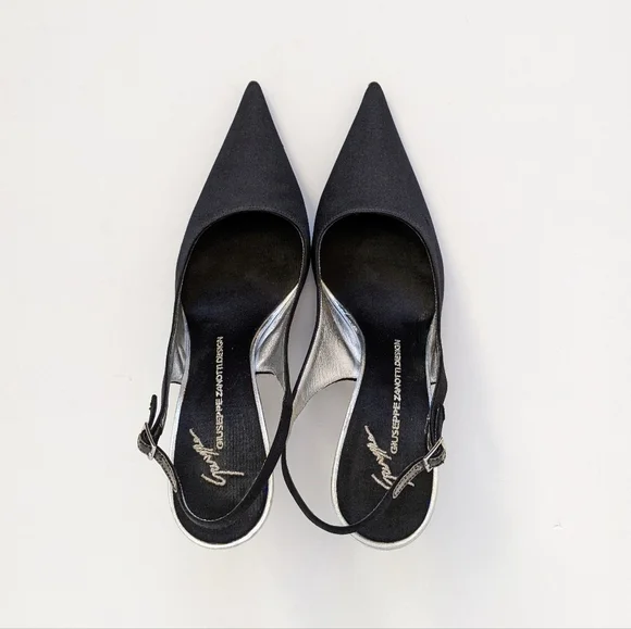 Giuseppe Zanotti Black Crystal Embellished Satin Slingback Pumps - Picture 2 of 16